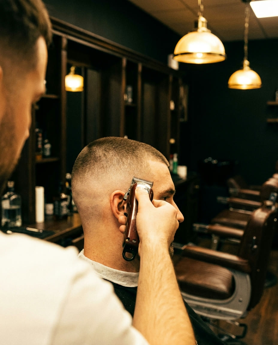 Barber cutting a precise skin fade with clippers