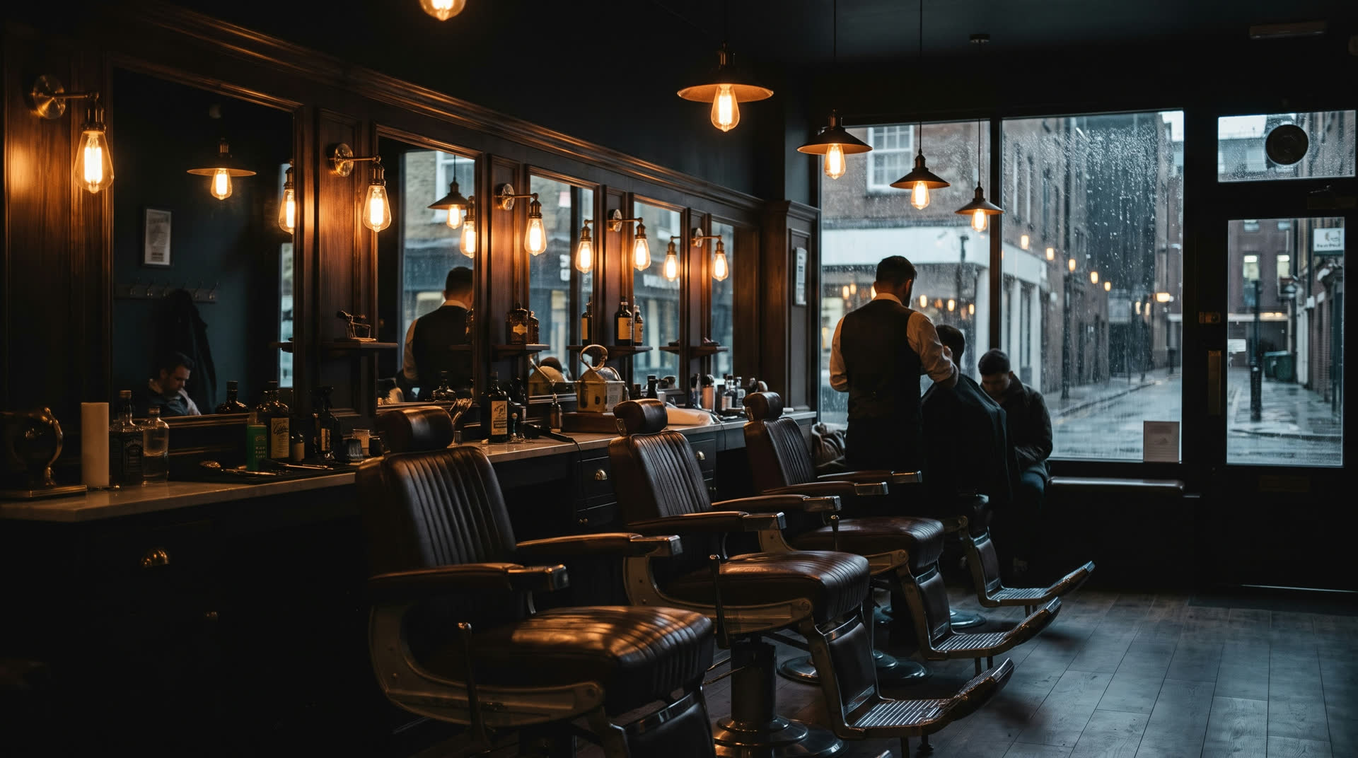 Moody barbershop interior with leather chairs and Edison bulbs