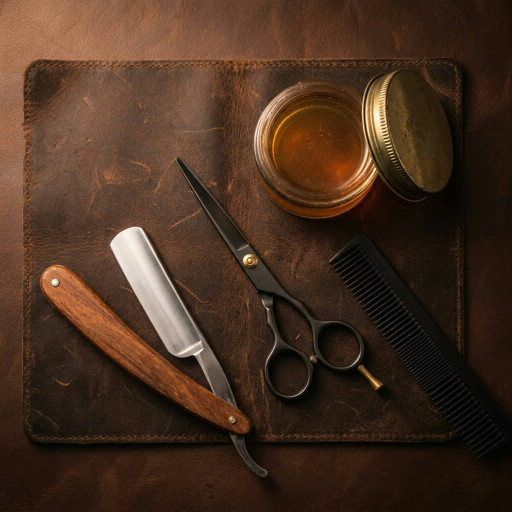 Straight razor, scissors and pomade on dark leather
