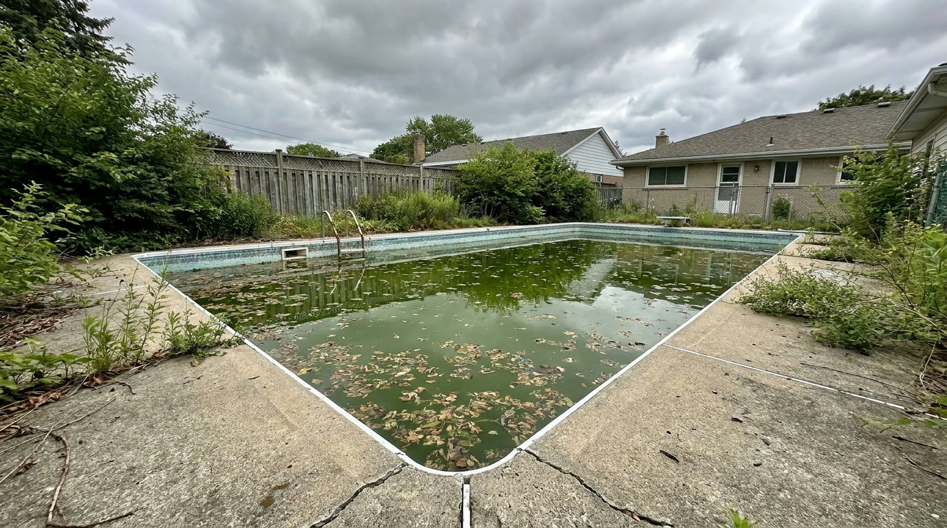 Neglected pool with green algae water