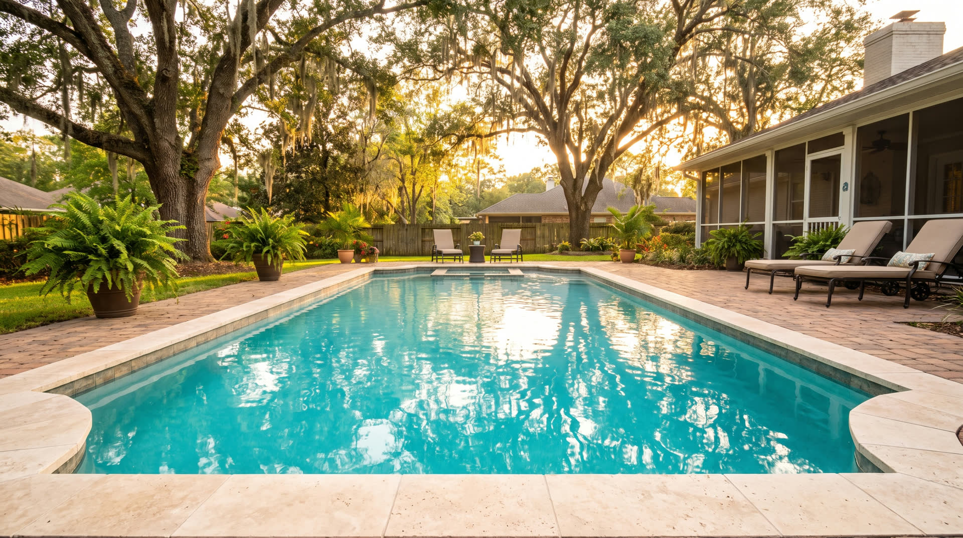 Crystal clear backyard pool under live oaks at golden hour