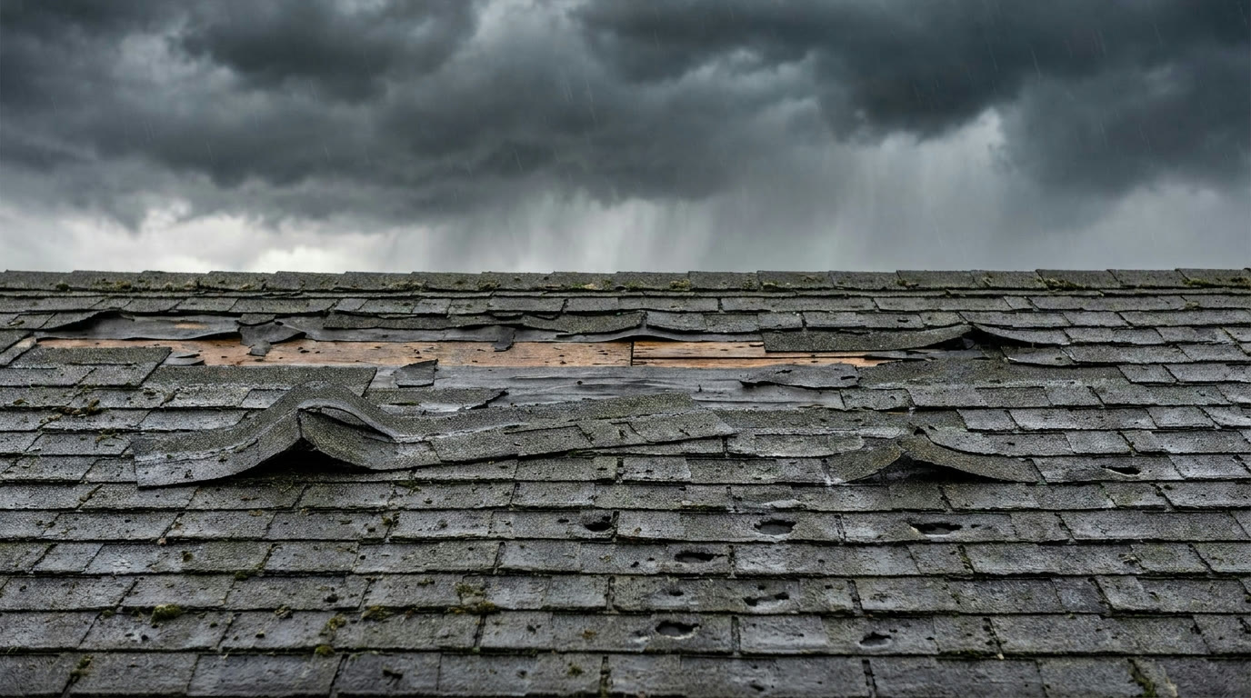 Storm damaged shingles with missing tabs and hail bruising