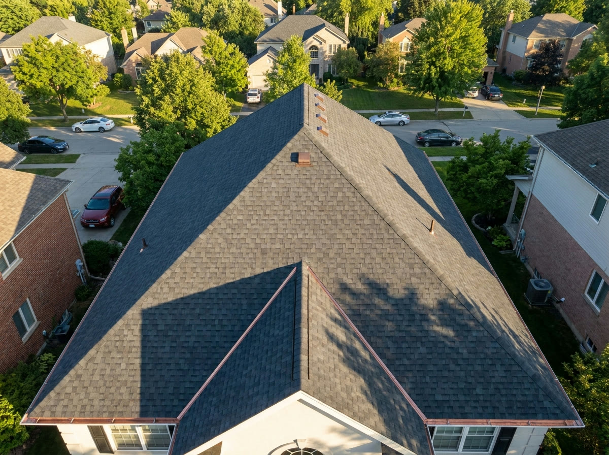 Drone top-down view of a newly installed charcoal shingle roof