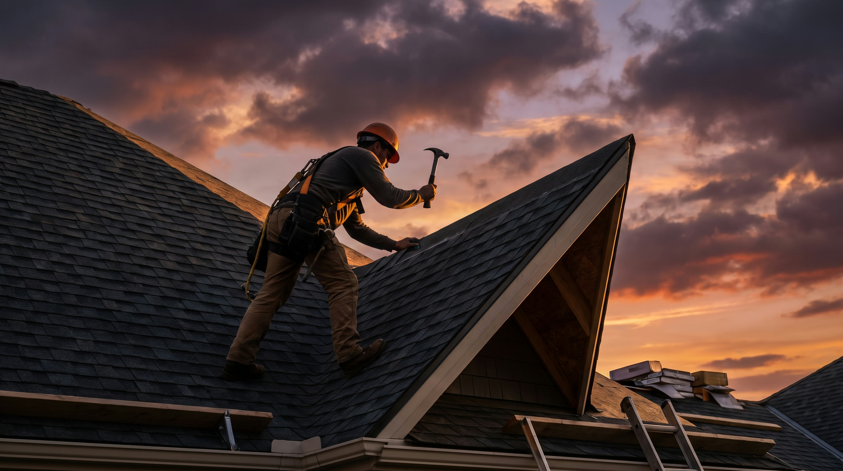 Roofer nailing shingles on a steep roof at golden hour
